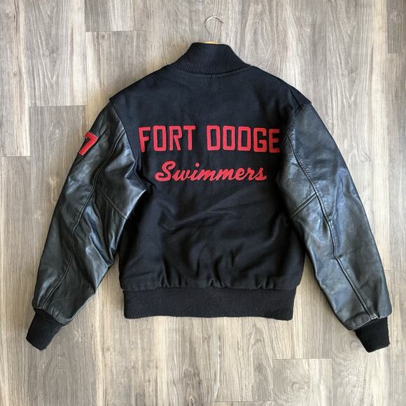Vintage Fort Dodge Swimmers Chain Stitched Jacket Size M/L 1970s Leather Wool - Picture 1 of 10